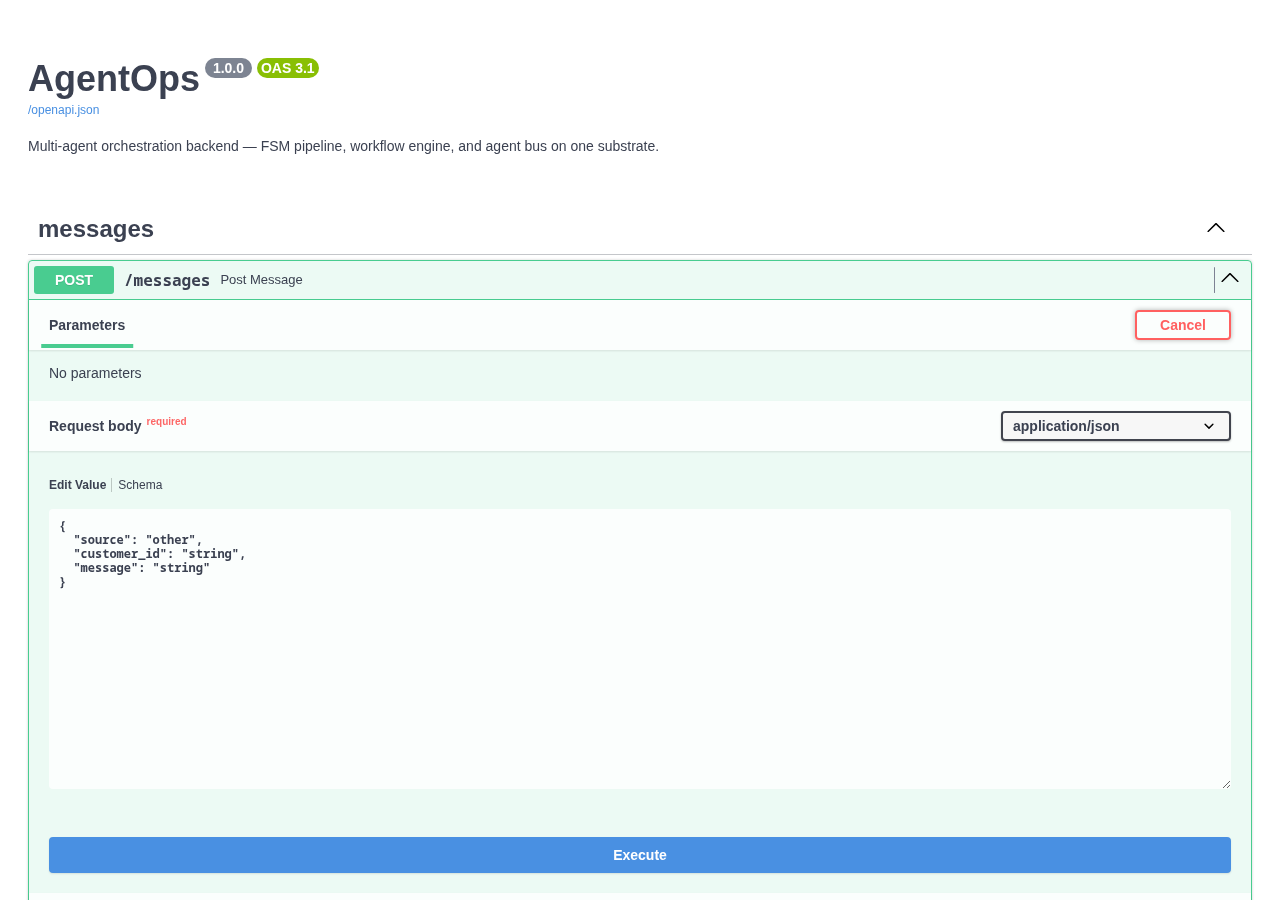 Swagger UI Try-it-out panel for POST /messages